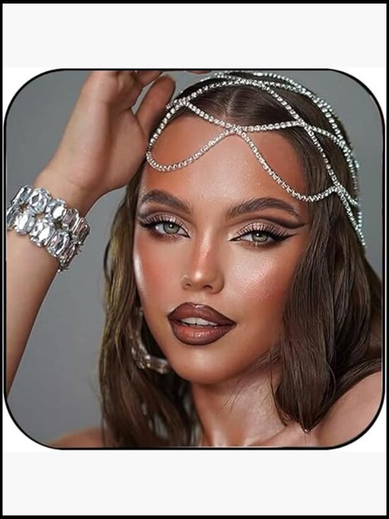 Rhinestone Mesh Headpiece Cap with Chain Flapper Hair Accessory Bridal Party main image 5